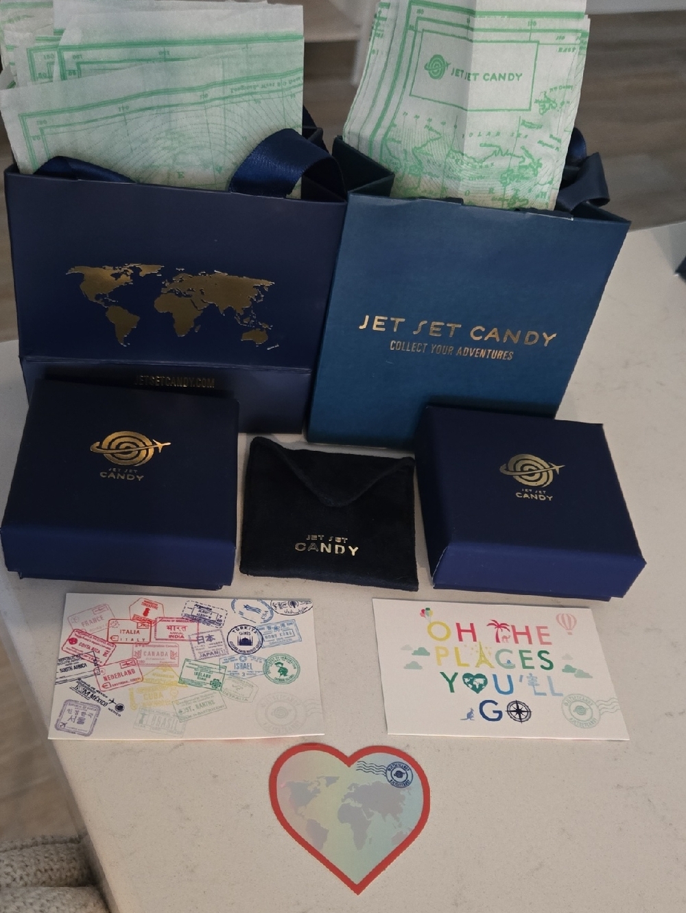 Jet Set Candy Navy Gift Boxes Travel-Themed Gift Bags & 1x Jewelry Pouch